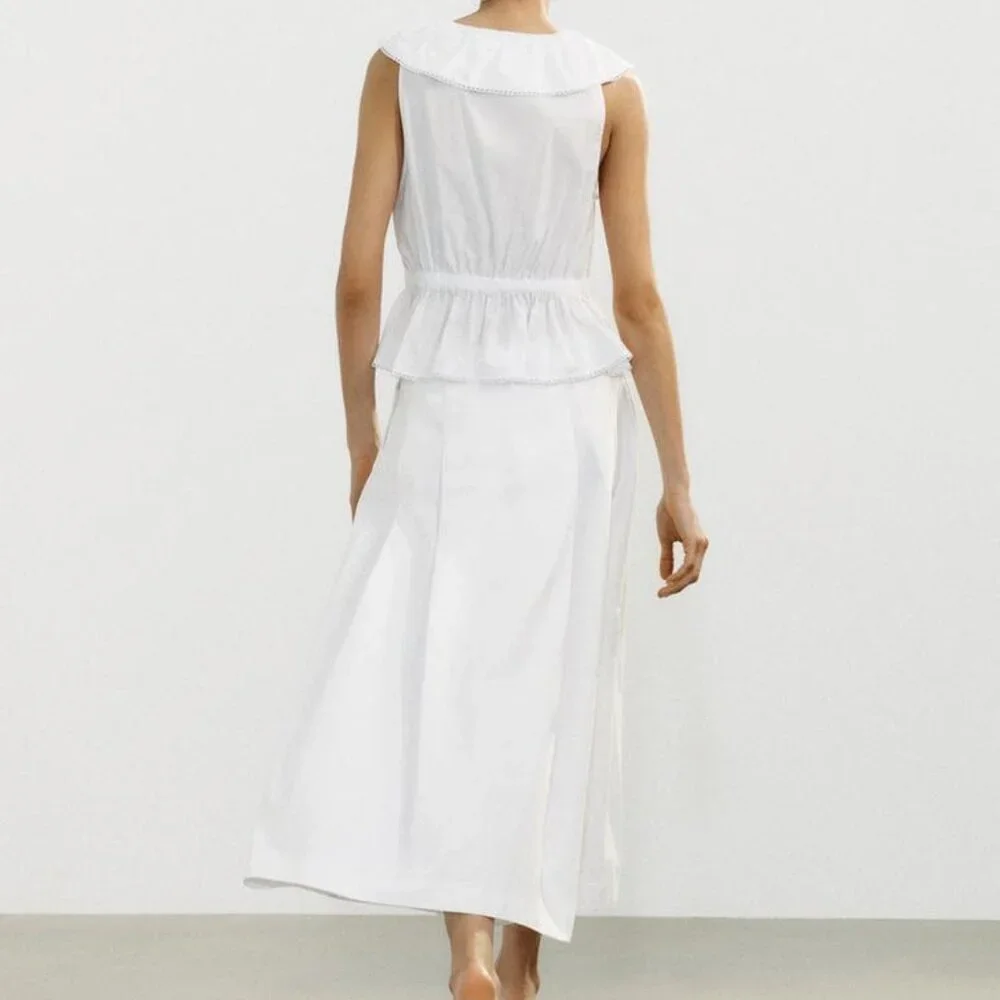 Zara White Pleated Midi Skirt - Size Large - Organic Cotton - Minimalist Chic - Picture 4 of 11